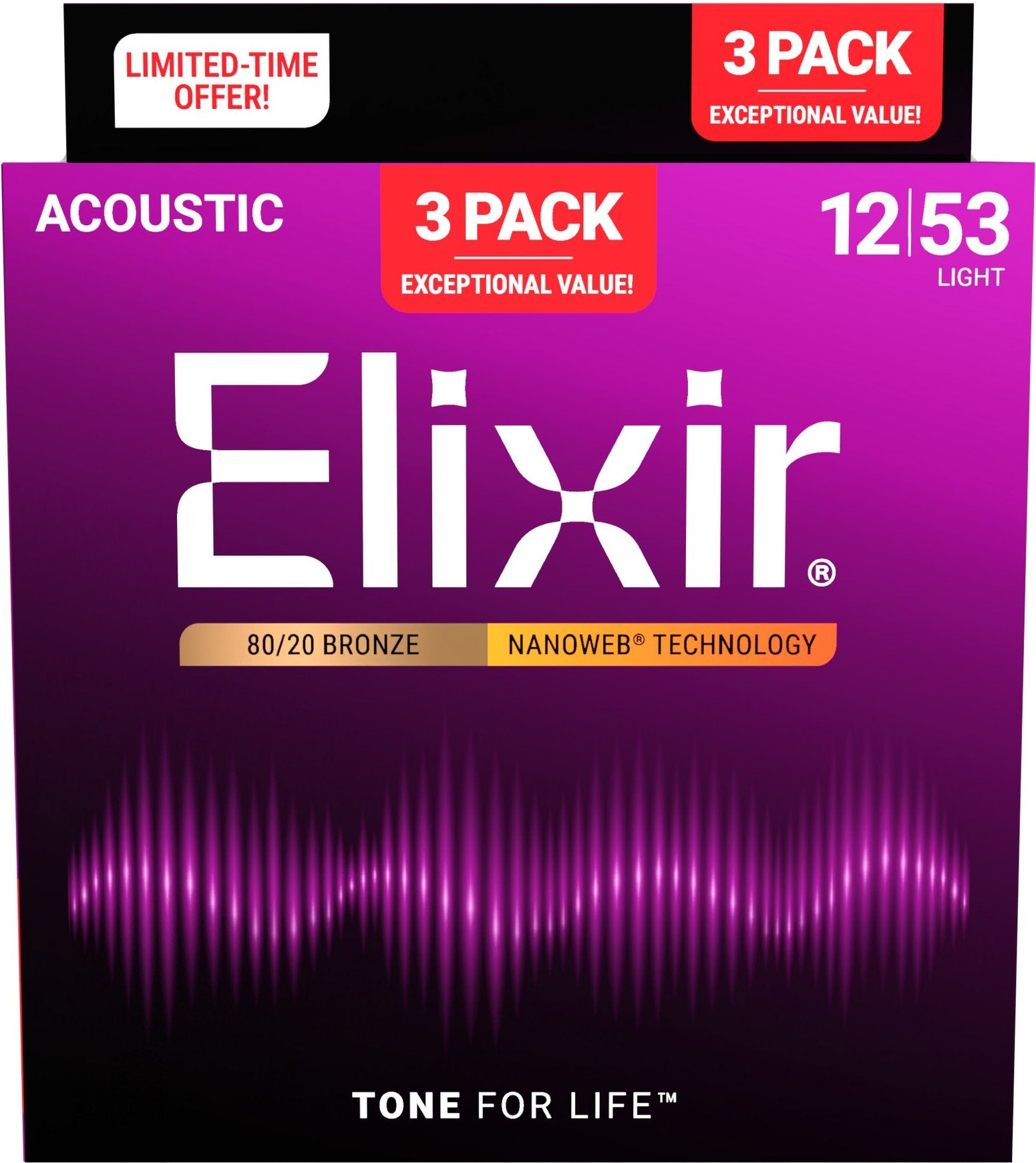 Elixir 3-pack 16565 acoustic 80/20 bronze nanoweb