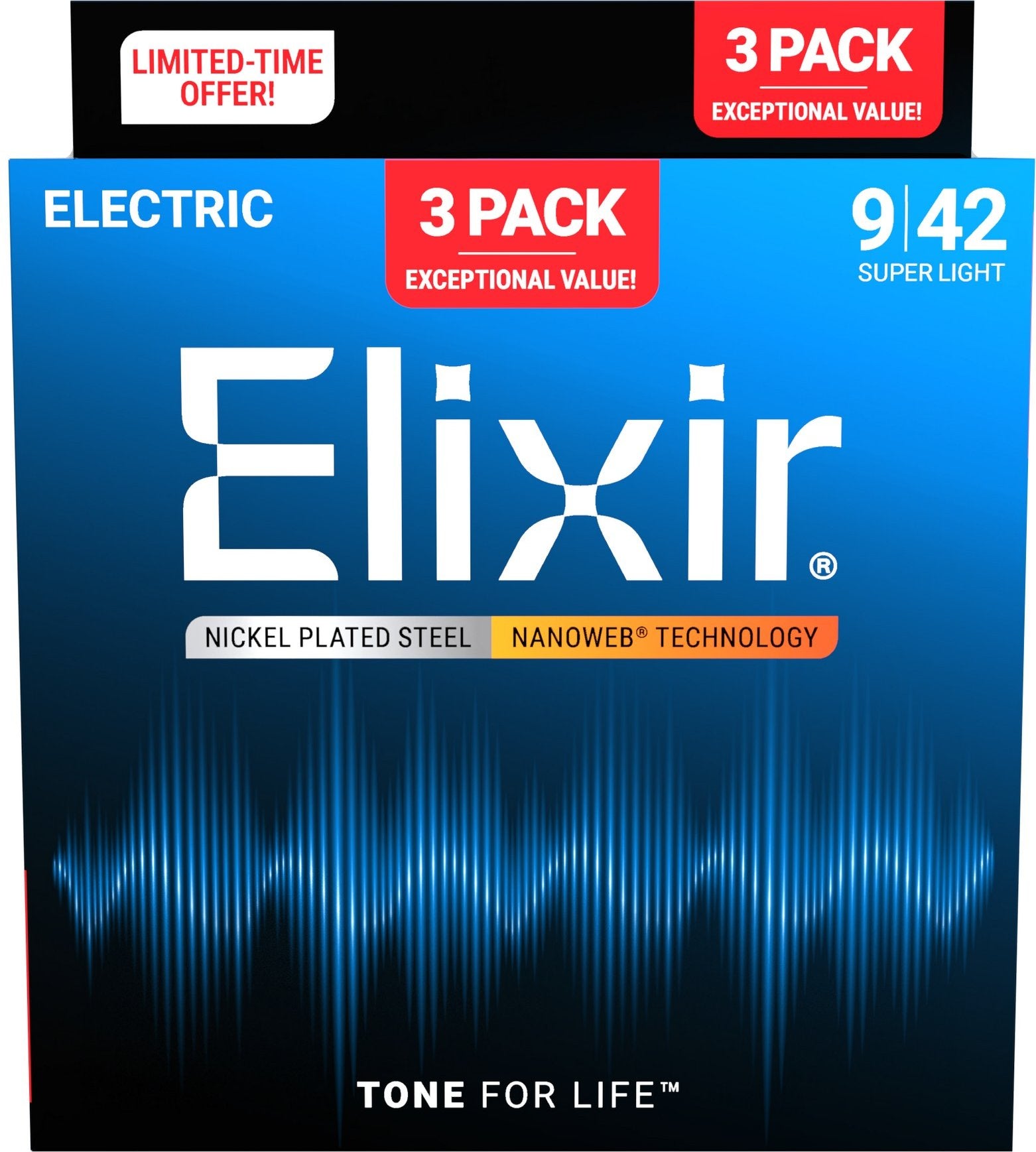 Elixir 3-pack 16566 electr nickel plated steel nanoweb