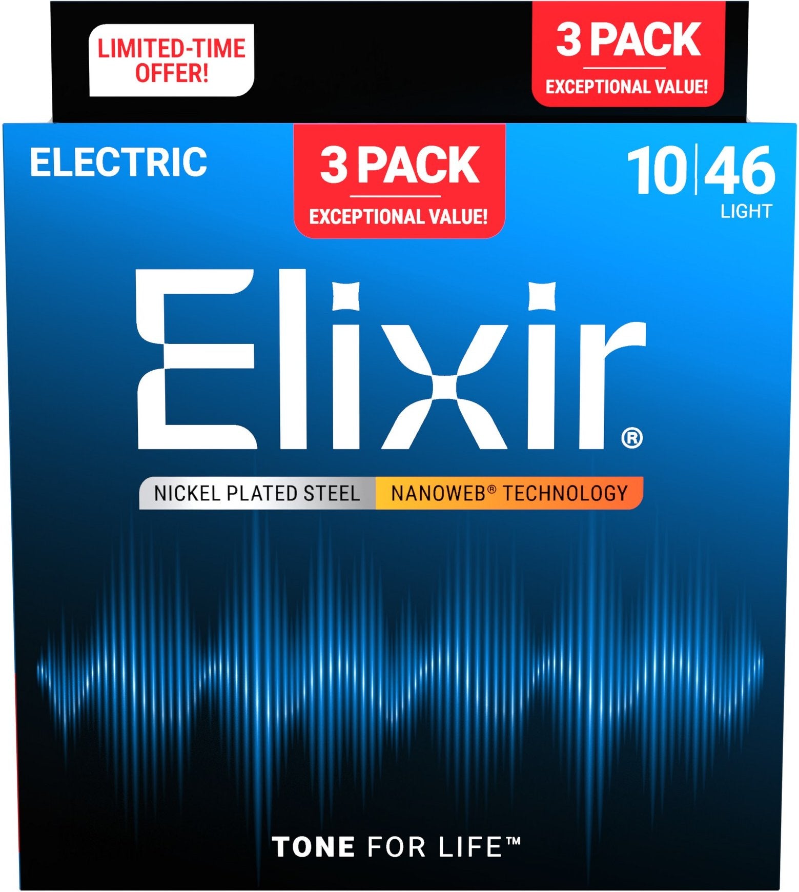 Elixir 3-pack 16567 electr nickel plated steel nanoweb