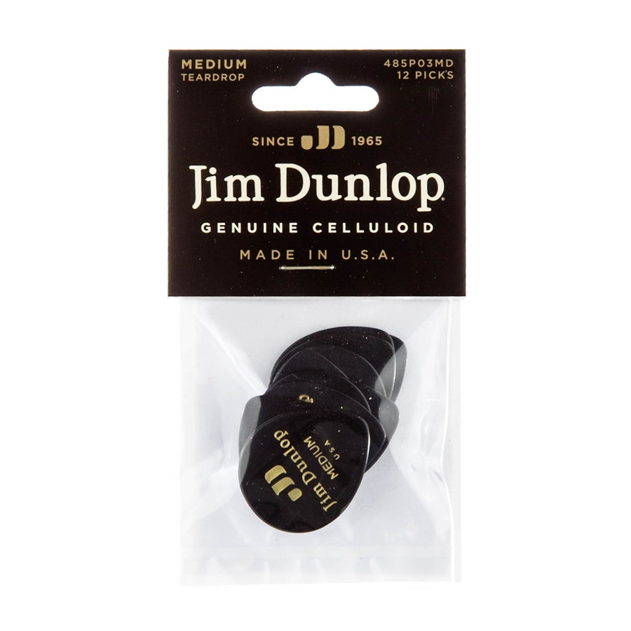 Dunlop 485P-03MD Celluloid Teardrop, Black Medium Player's Pack/12