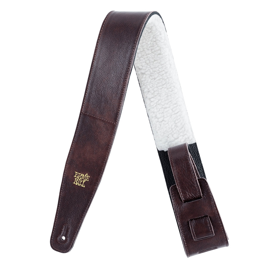 Ernie Ball Adjustable Italian Leather Strap, 2-Inch Wide Padded with Faux Fur - Brown