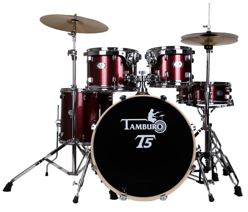 T5 Red Sparkle Drum Kit with Cymbals and Stands, Stool and Drumsticks