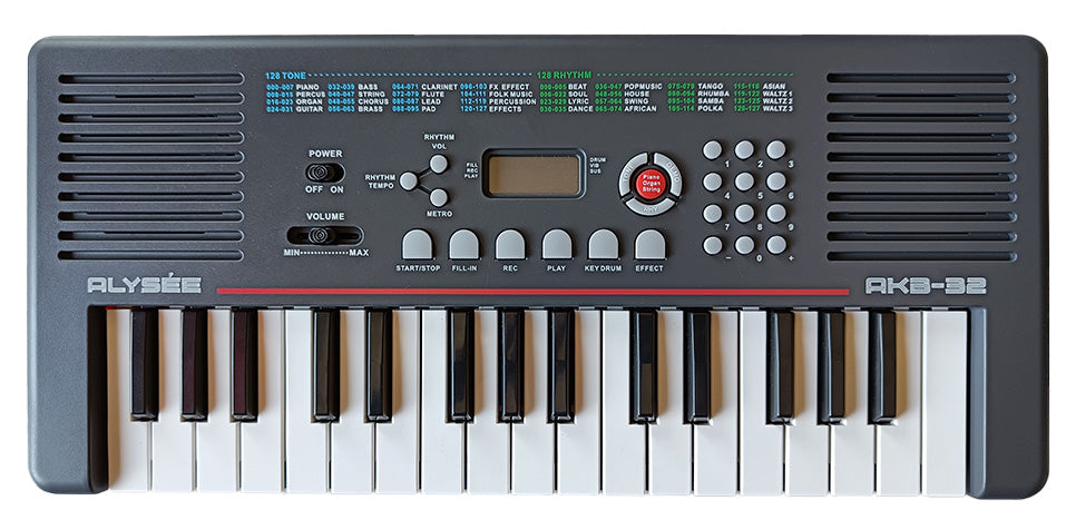Alyse Alyse AKB-32 - Tastiera Musicale Portatile con 32 Tasti, Pianola Scuola Media Compatta con 30 Brani Dimostrativi, Ingresso Power Bank e Caricatore Cellulare, Uscita Cuffie, Strumenti Musicali Bambini