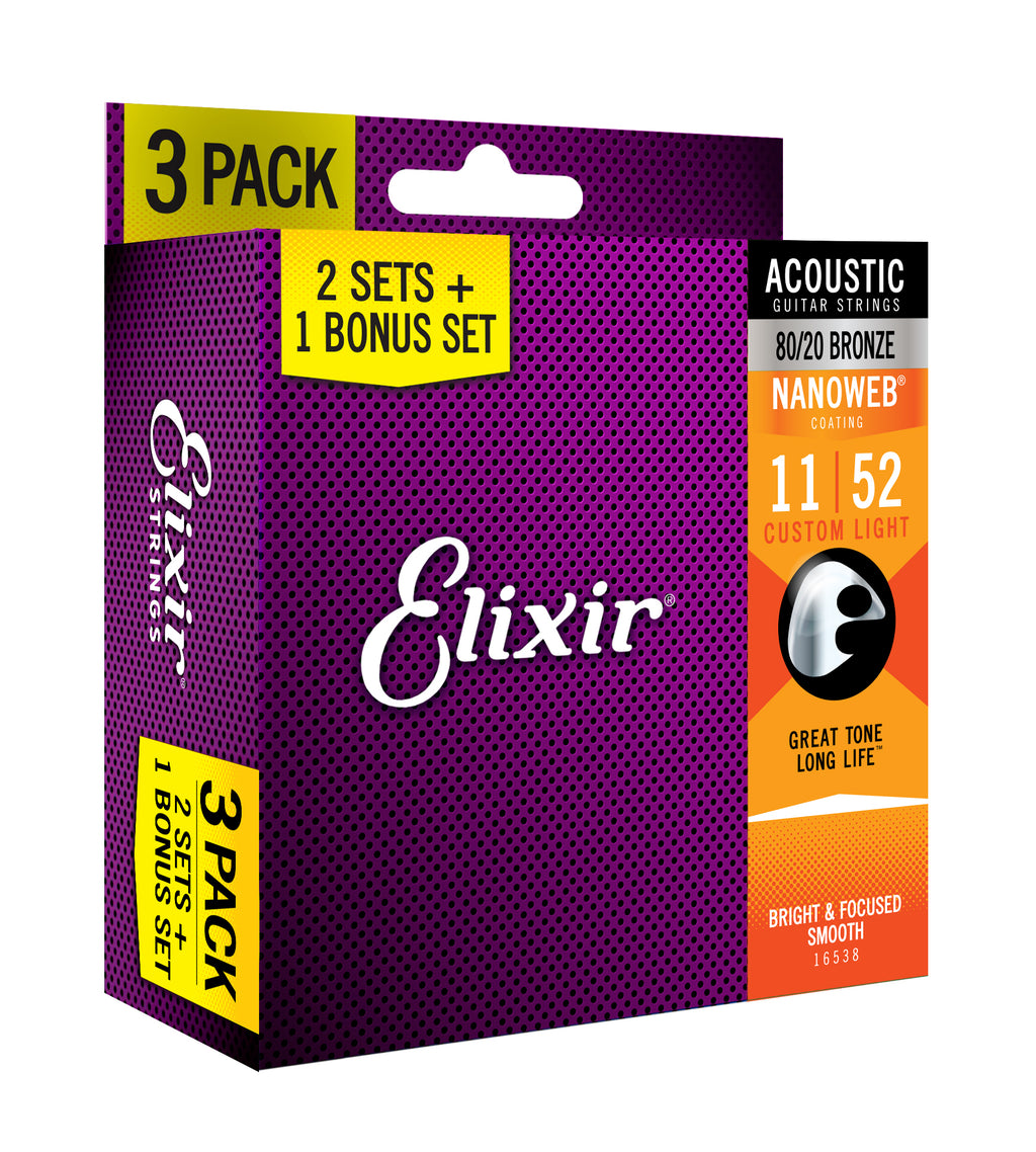 Elixir 3x2 pack 16538 acoustic 80/20 bronze nanoweb