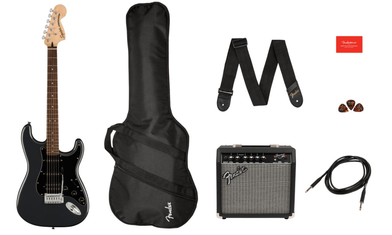 Squier Pack Affinity Staratocaster Charcoal Frost Metallic e Frontman 15G