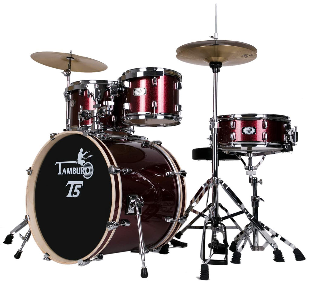 T5 Red Sparkle Drum Kit with Cymbals and Stands, Stool and Drumsticks