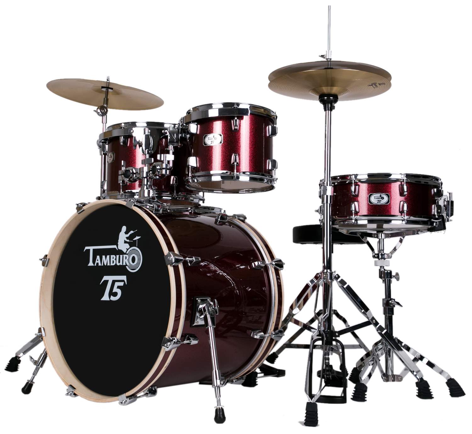Tamburo Batteria T5 Red Sparkle con Piatti e Loro Supporti Sgabello e Bacchette