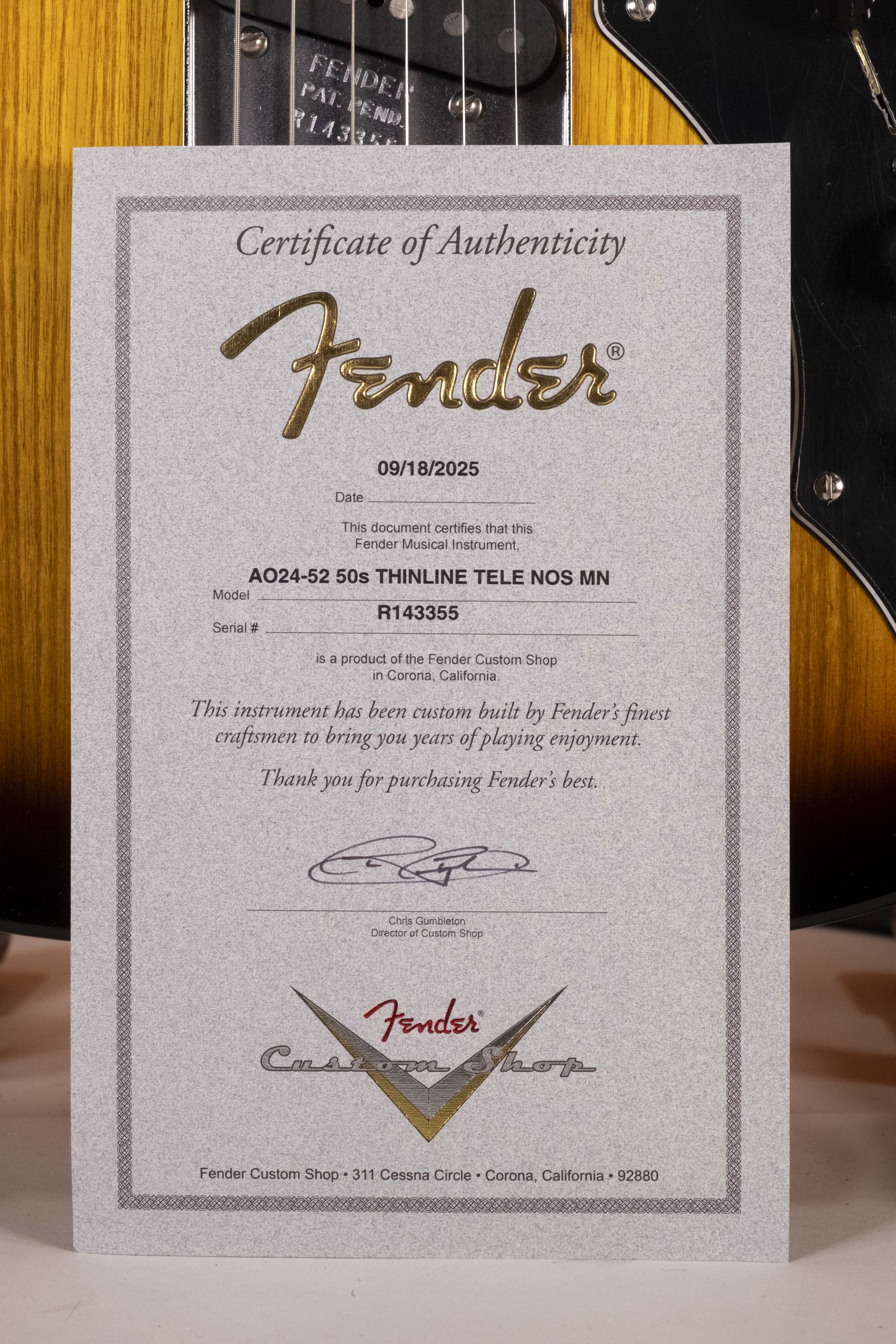 Fender Custom Shop 50s Telecaster Thinline Nos MN 2-Color Sunburst
