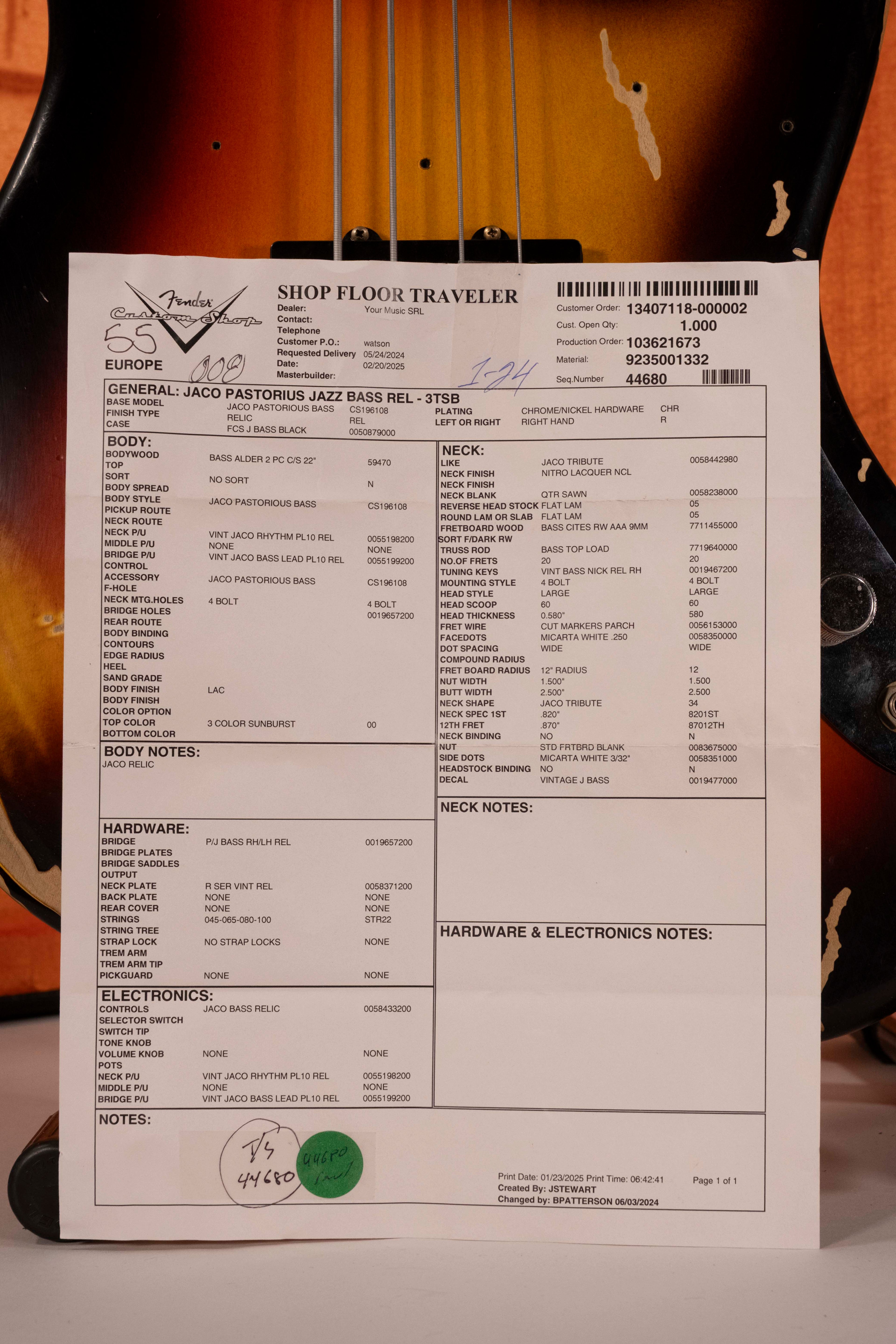 Fender Jaco Pastorius Tribute Fretless Jazz Bass Rosewood 3 Color Sunburst