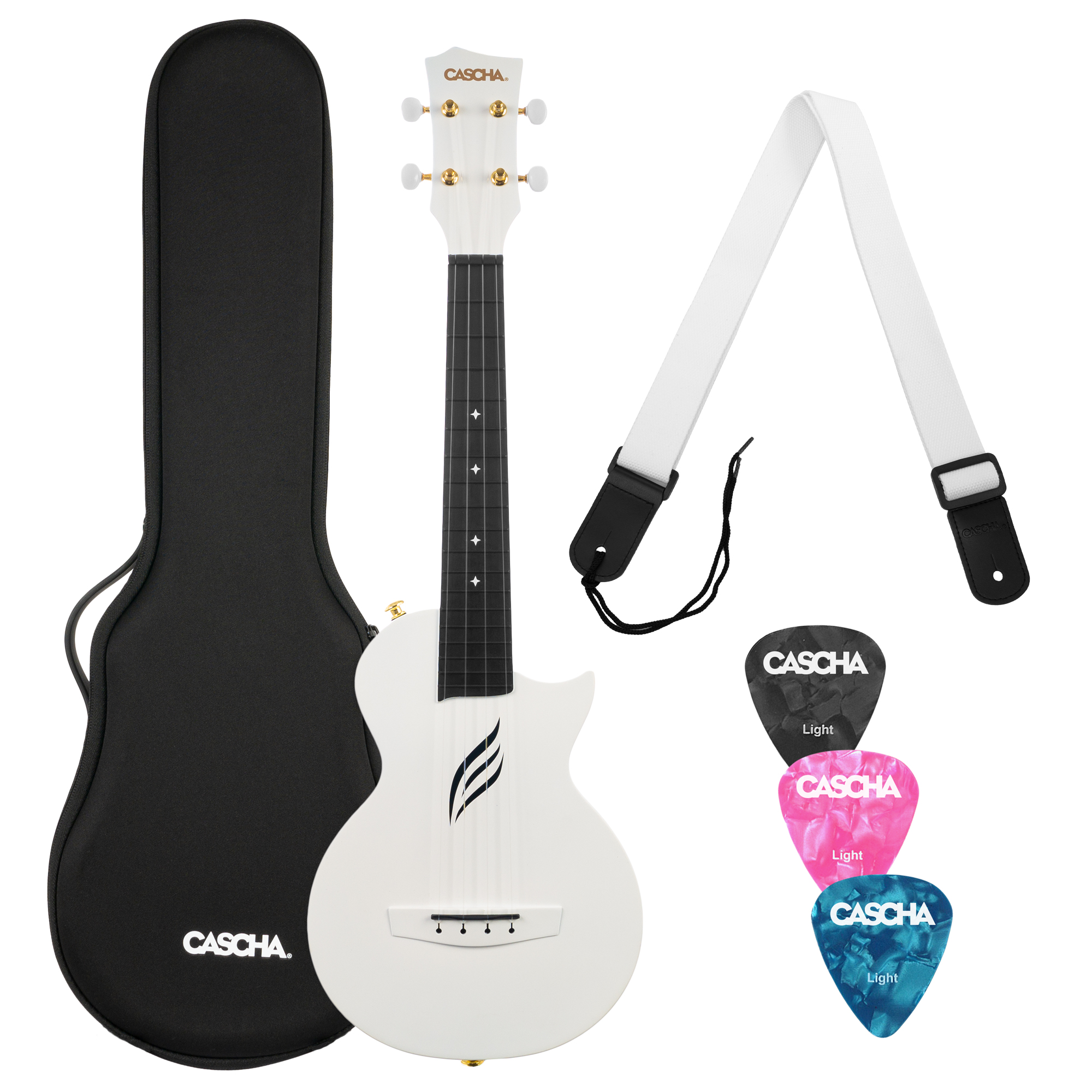 Cascha Ukulele Concerto in Carbonio Pack White con Borsa Tracolla e Plettri