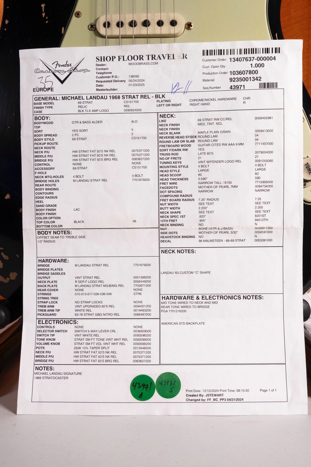 Fender Custom Shop Michael Landau Signature 1968 Stratocaster Rw Black